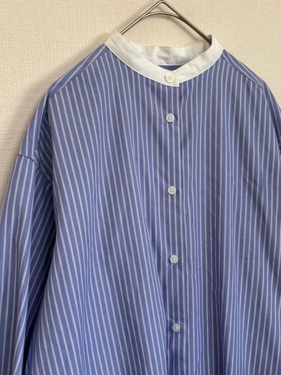 Philic Striped Band Collar Shirt Dress Loose Fit No Collar - Picture 2 of 5